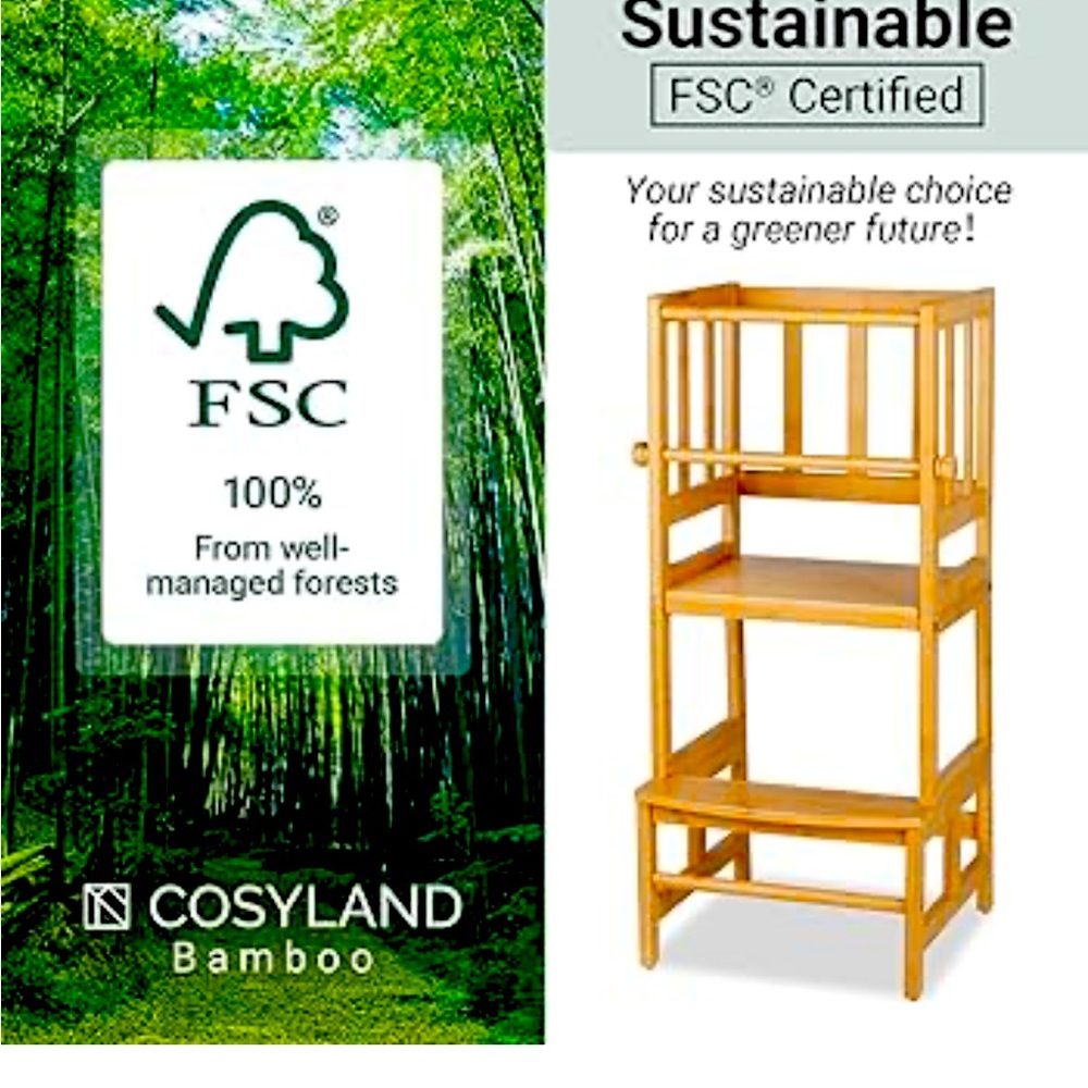 Cosyland bamboo kids kitchen step stool adjustable